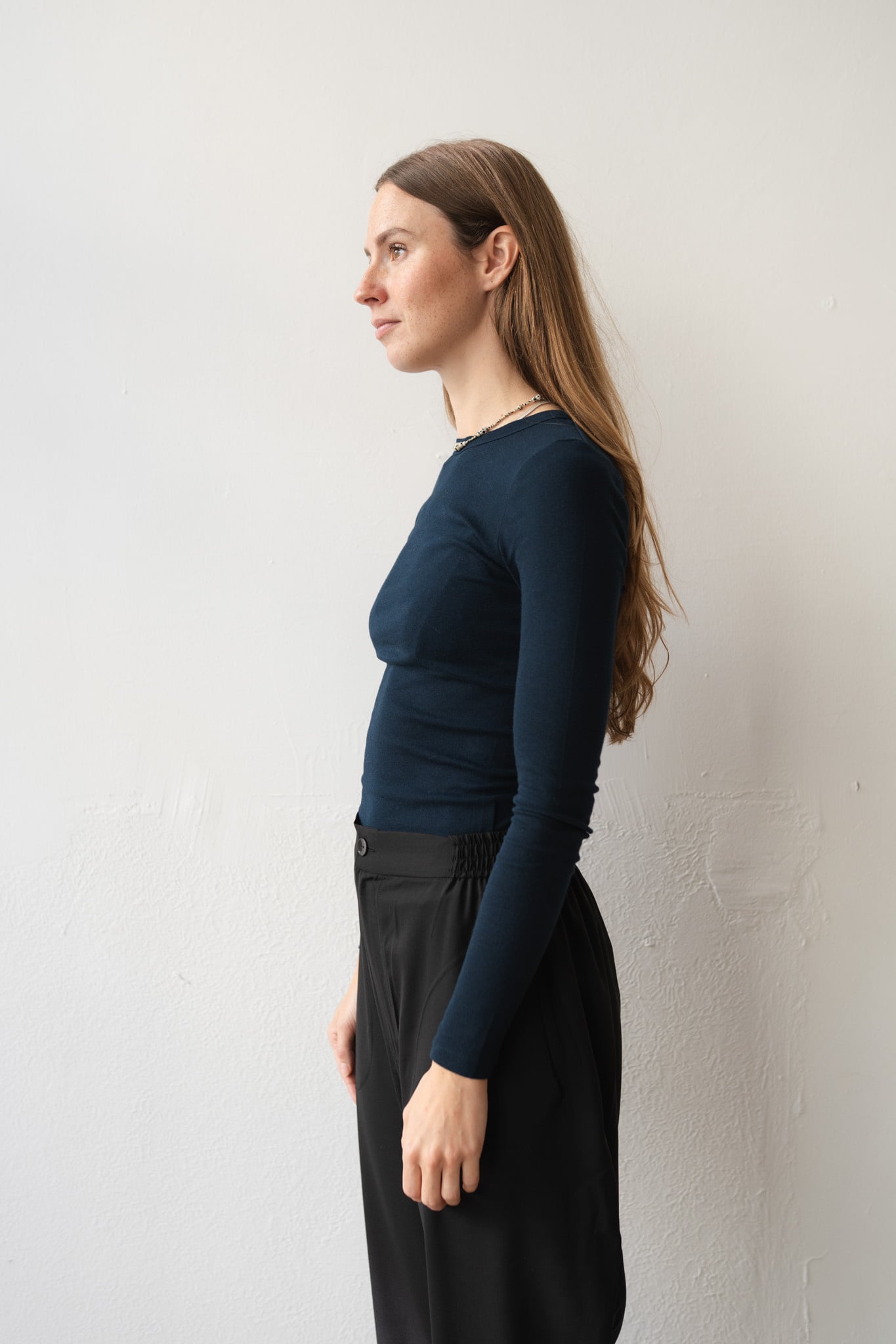 Cotton Silk Basic Long Sleeve T-shirt Navy