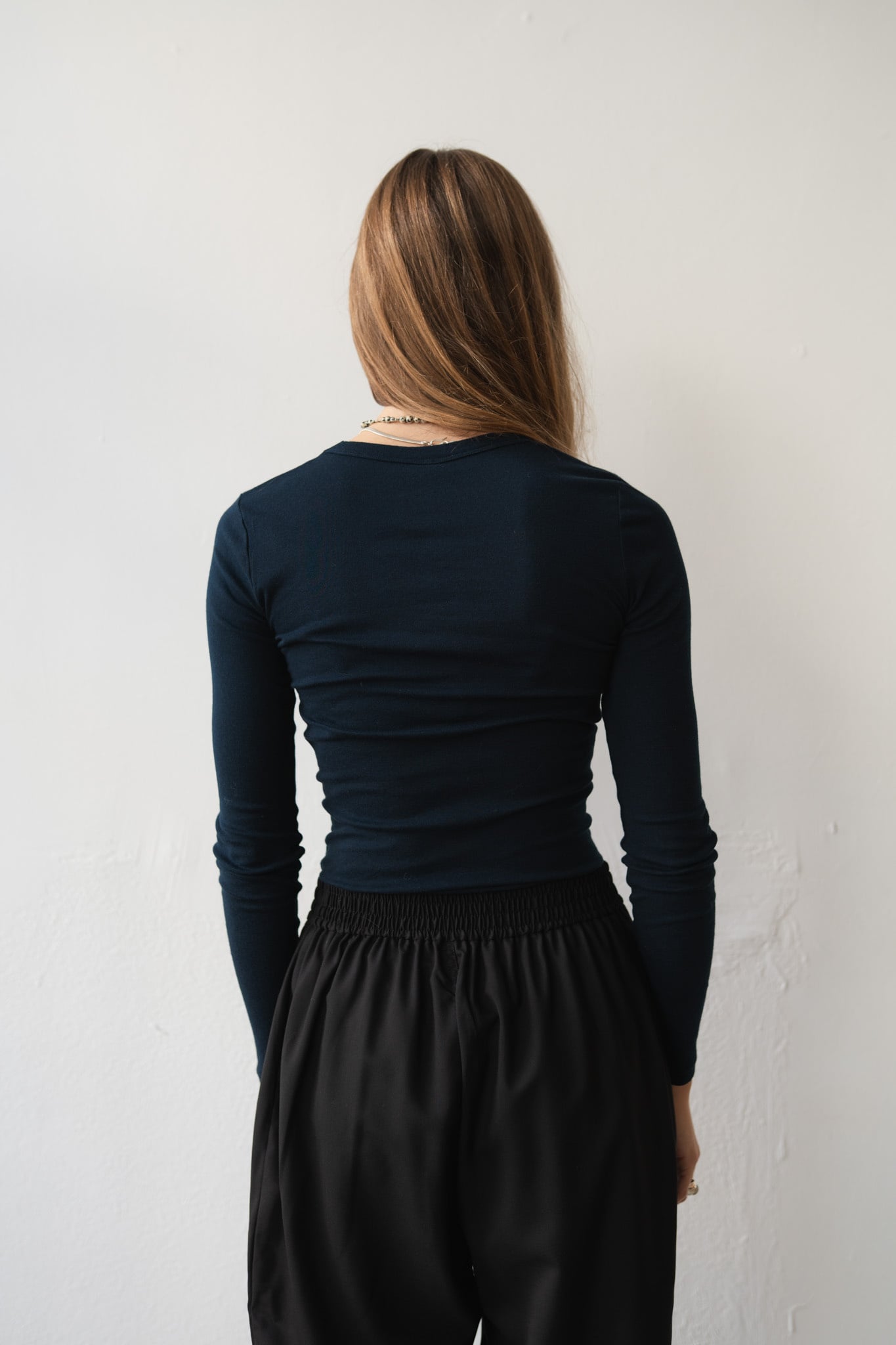 Cotton Silk Basic Long Sleeve T-shirt Navy