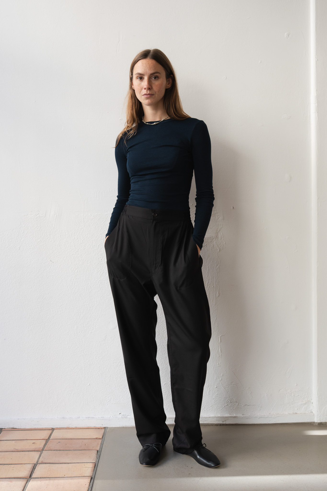 Cotton Silk Basic Long Sleeve T-shirt Navy