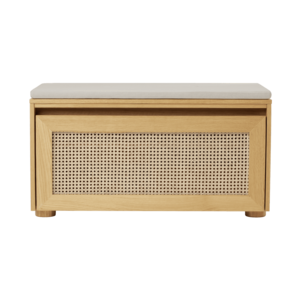 Umage Hideaway banc de rangement en chêne – porte abattante webbing - coussin white sand Umage Hideaway banc de rangement en chêne – porte abattante webbing - coussin white sand
