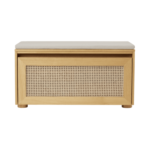 Umage Hideaway opbergbank eik – webbing klapdeur - white sand kussen Umage Hideaway opbergbank eik – webbing klapdeur - white sand kussen