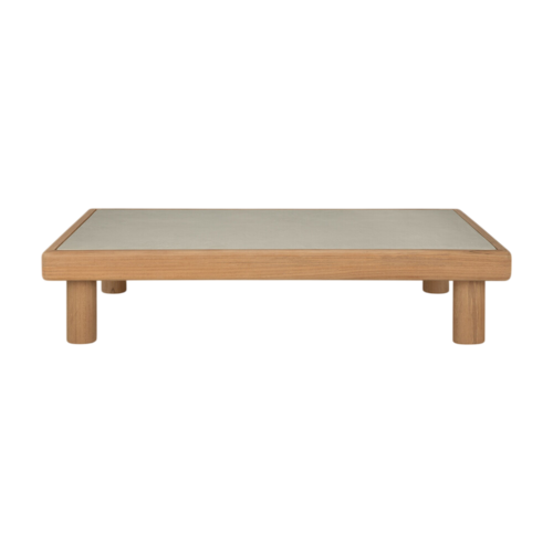 Ethnicraft Monocle outdoor salontafel top beton lichtgrijs, onderstel teak rechthoekig