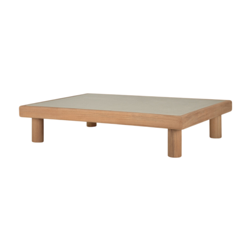 Ethnicraft Monocle outdoor salontafel top beton lichtgrijs, onderstel teak rechthoekig