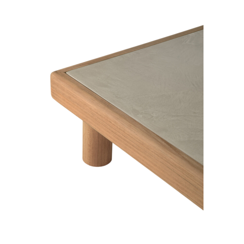 Ethnicraft Monocle outdoor salontafel top beton lichtgrijs, onderstel teak rechthoekig