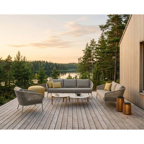 Vincent Sheppard Akari lounge sofa 2,5-zit aluminium dune white touw flax zit- en rugkassen santal