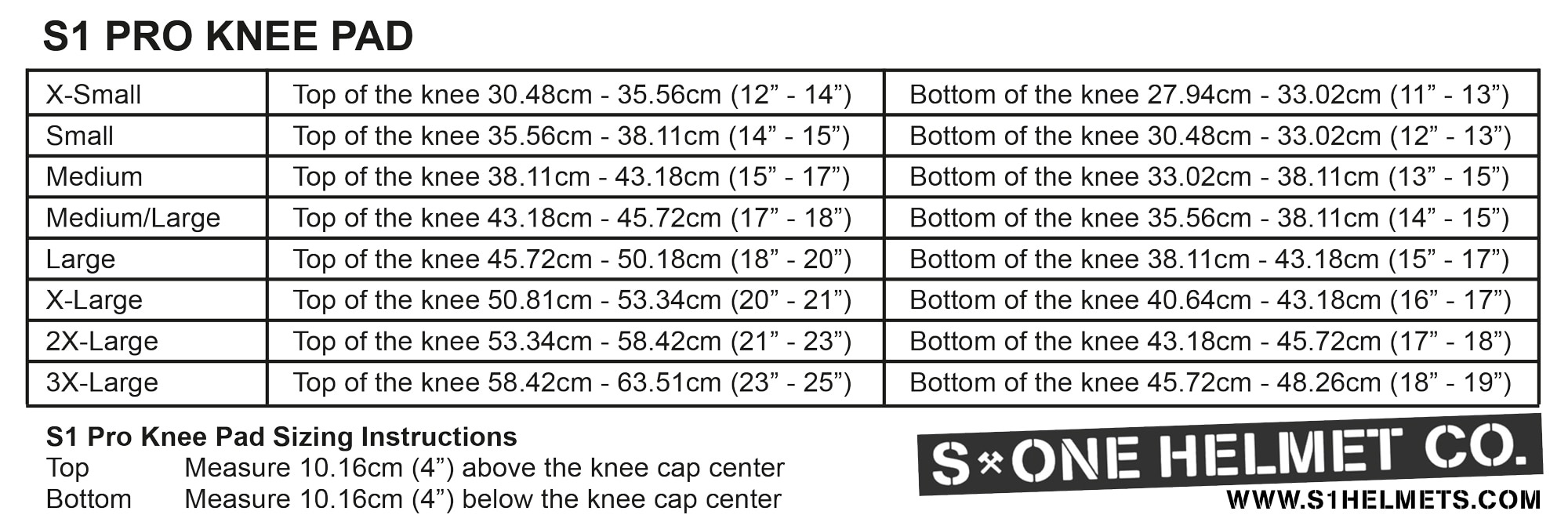 S1 Pro Knee Pad Gen 4 Size Chart