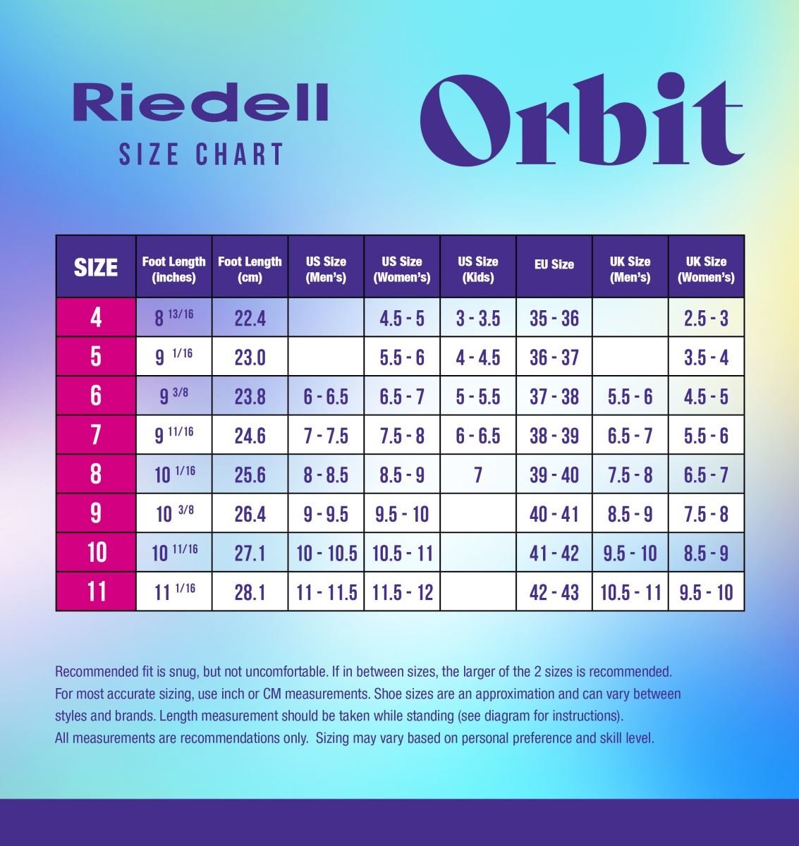 Riedell Orbit Sizing Chart