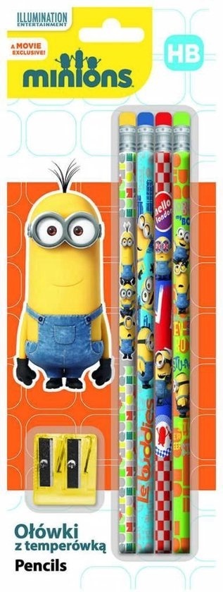 Minions set 4 potloden met gummetjes en puntenslijper