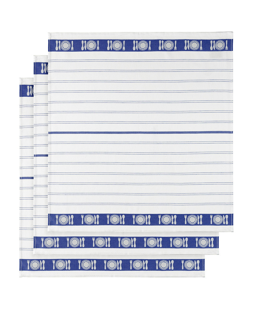 De Witte Lietaer Theedoek BML, White Blue - 3 stuks - 65 x 65 cm - Katoen