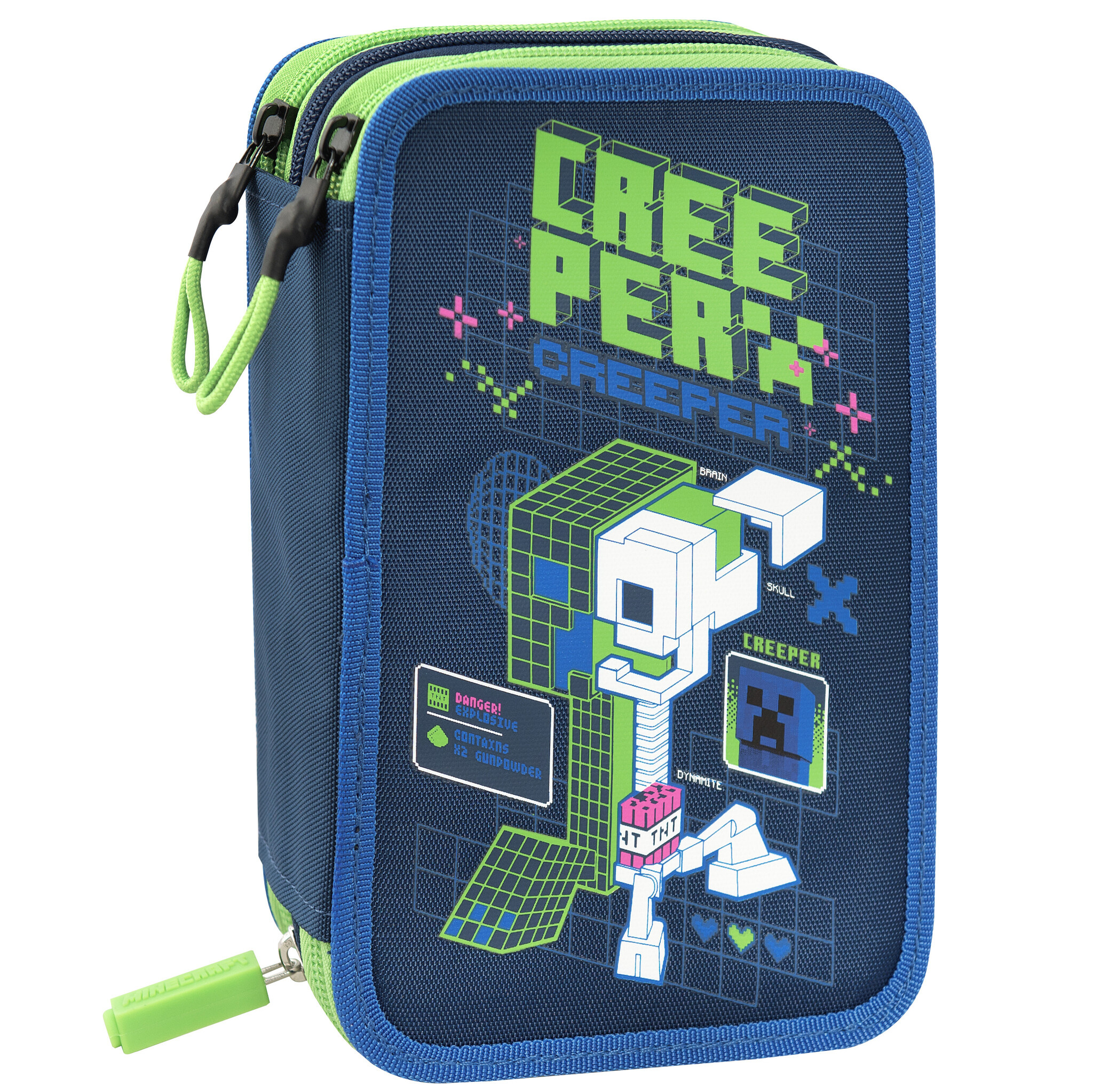 Minecraft Filled Pencil Case Creeper 3 zippers - 20 x 13 x 7 cm - Polyester