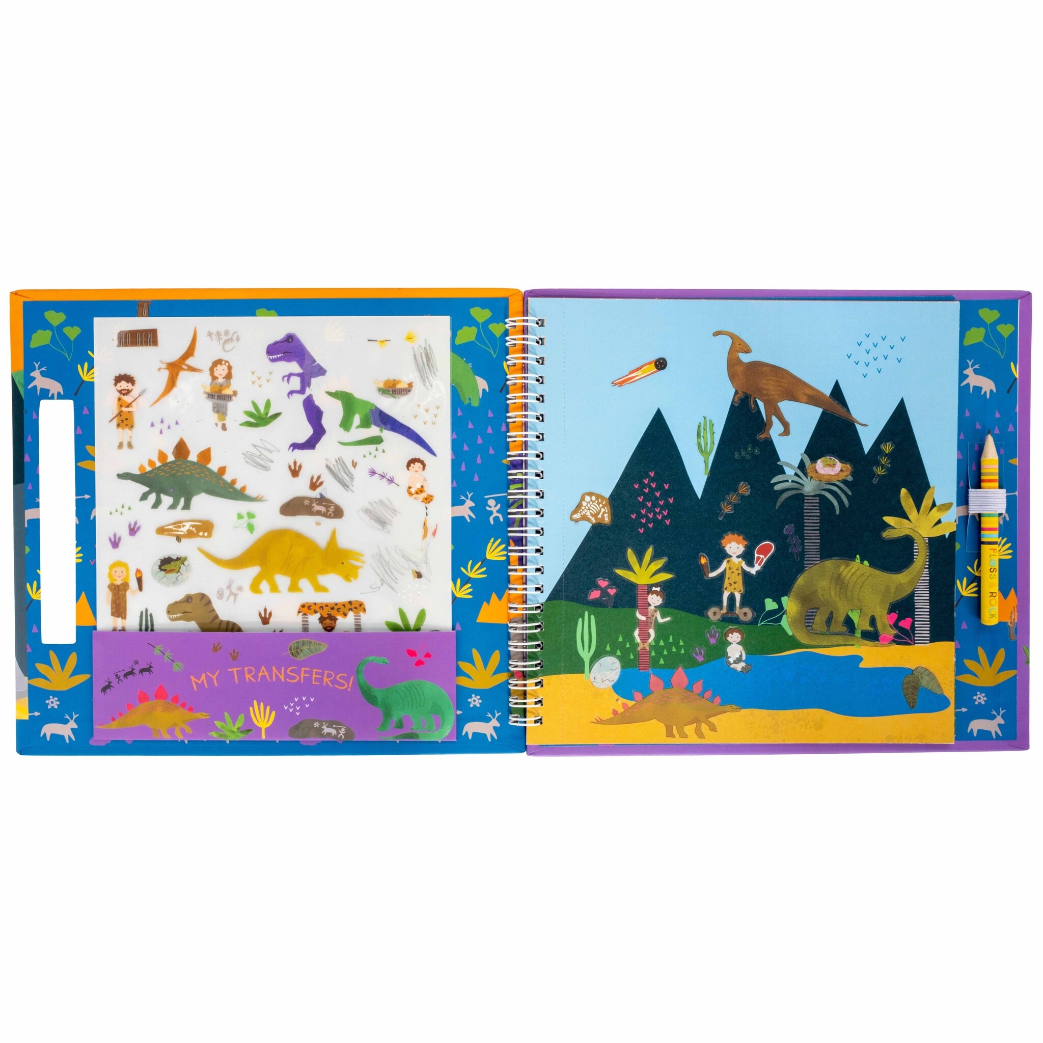 Floss & Rock Transfer Speel/Tekenboek, Dino - 24 x 21 x 0.8cm - Multi