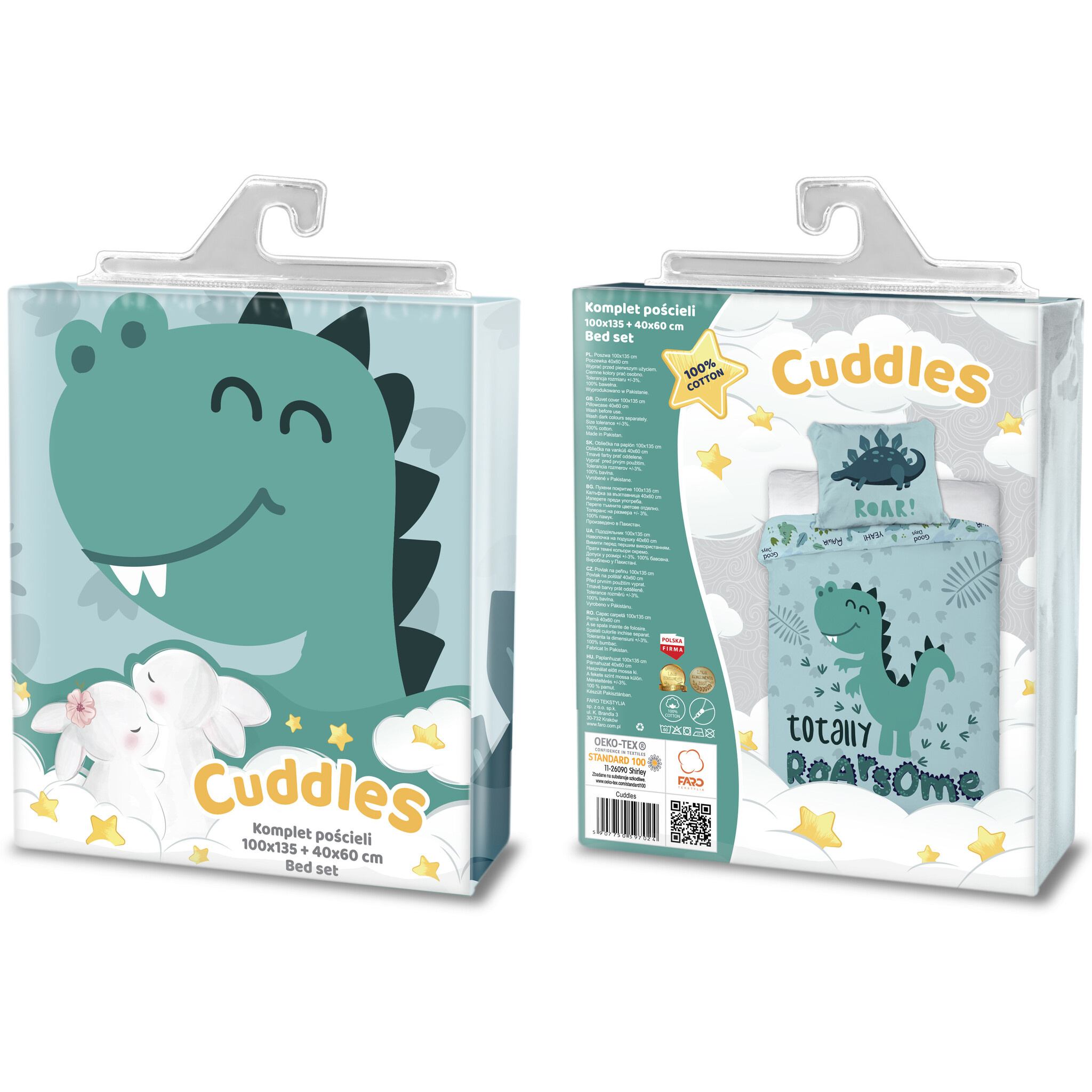 Cuddles BABY / Peuter dekbedovertrek, Dinosaurus - 100 x 135 cm / 40 x 60 cm - Katoen