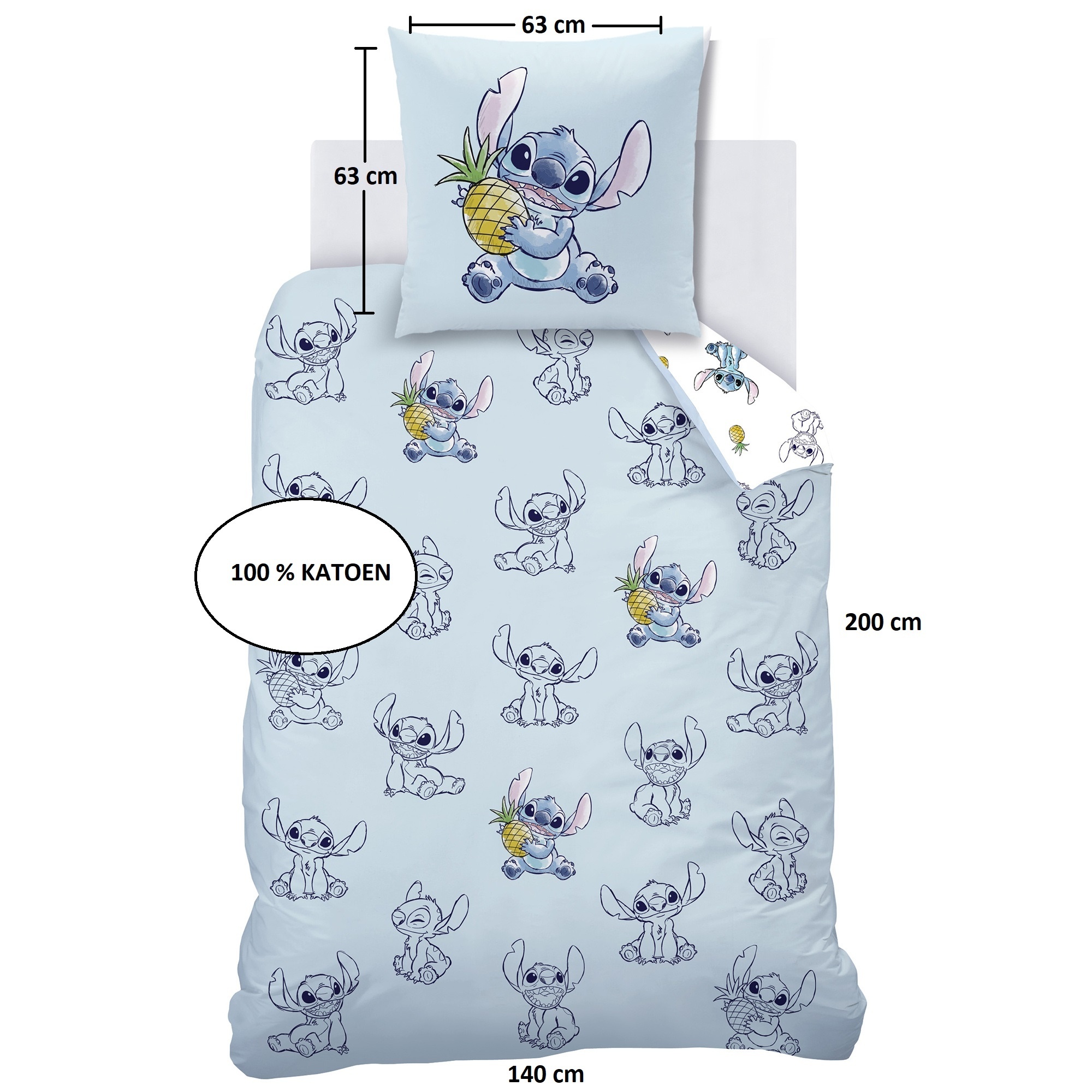 Disney Lilo & Stitch Dekbedovertrek, Ananas - Eenpersoons - 140 x 200 + 63 x 63 cm - Katoen