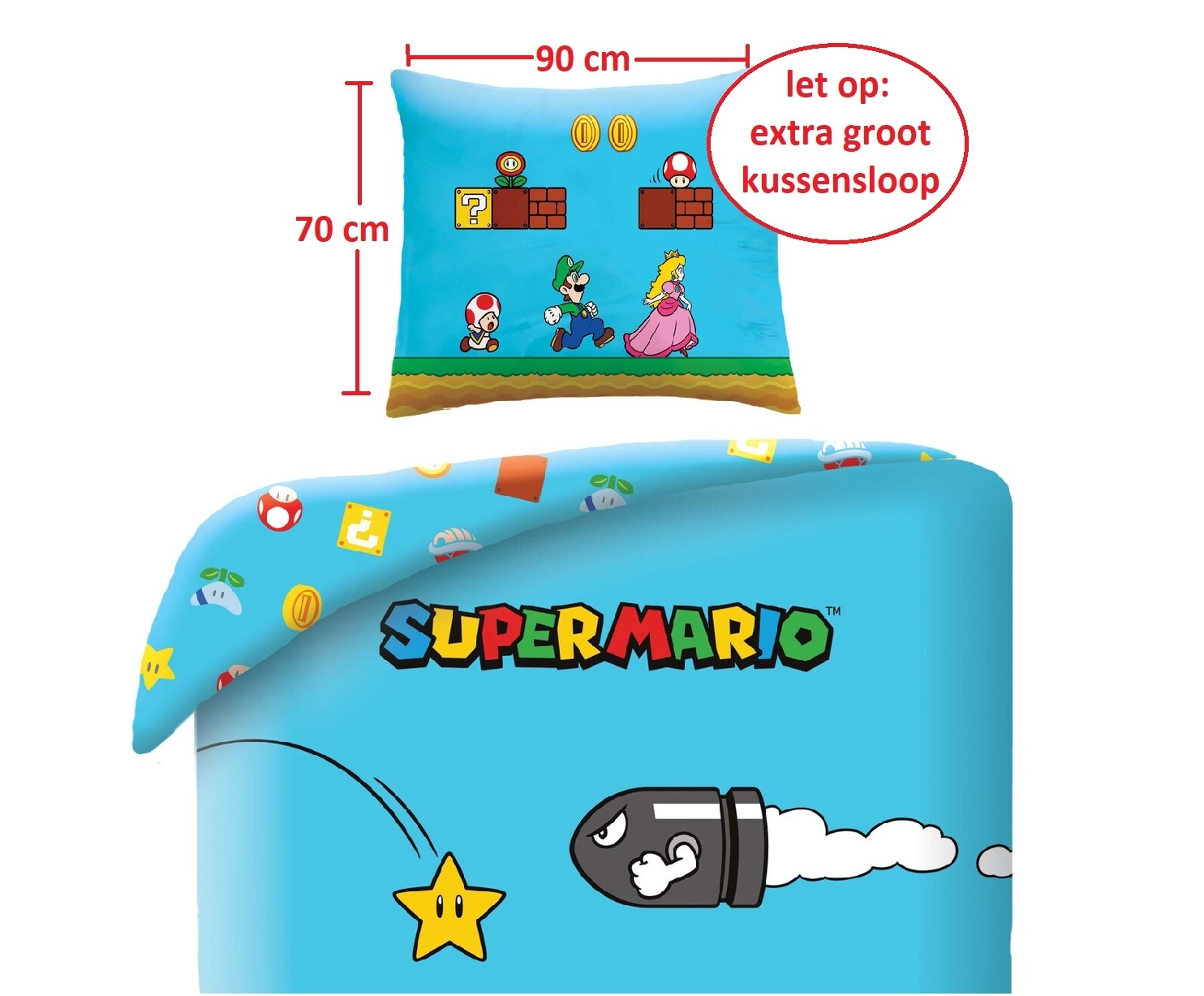 Super Mario Dekbedovertrek, Wahoo! - Eenpersoons - 140 x 200 + 70 x 90 cm - Polyester