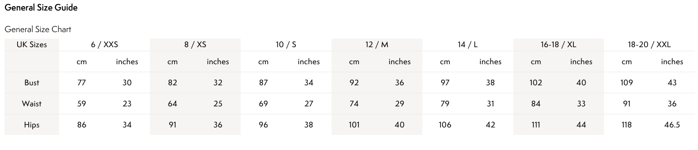 Sweaty betty size guide
