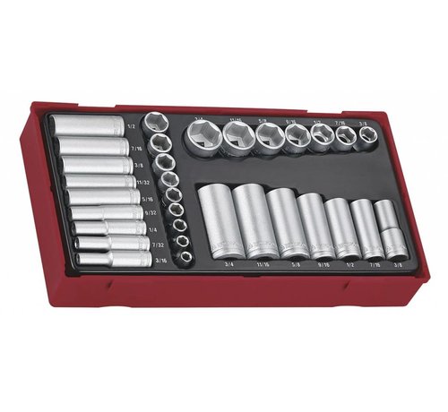 Teng Tools Juego de vasos Tc-tray 32pcs AF 1/4+3/8 corto largo - Tamaño USA