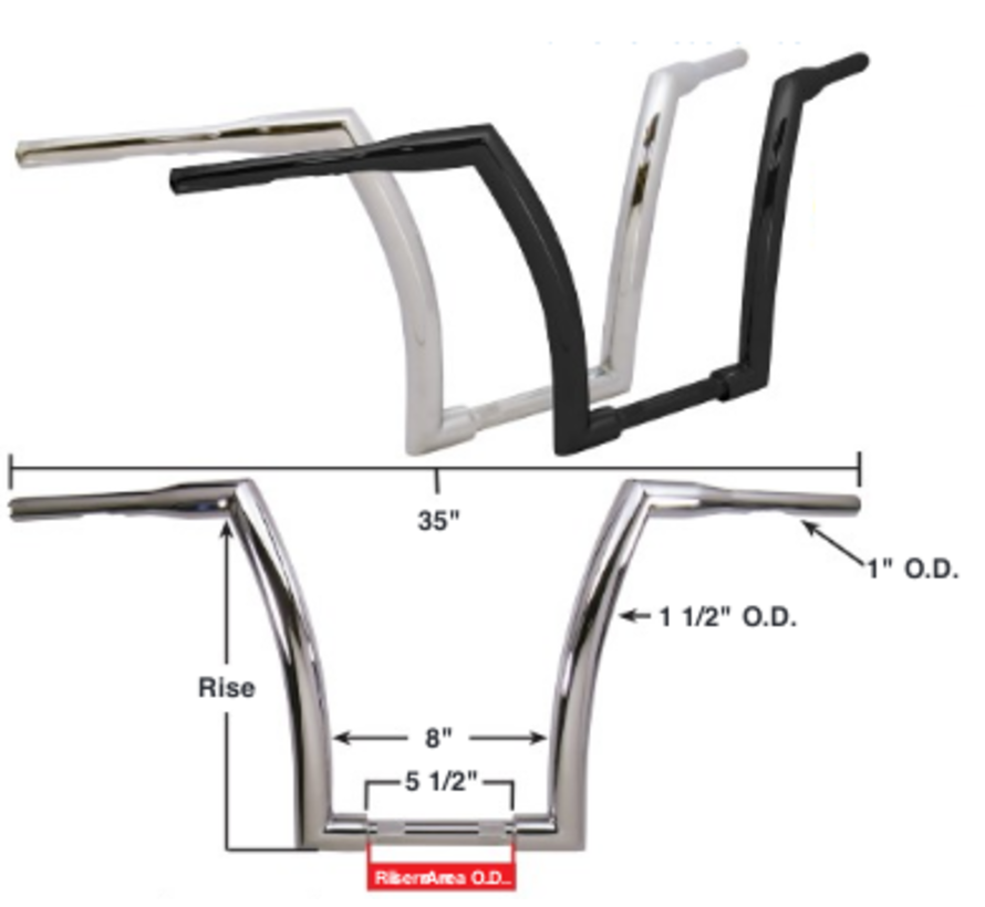 Guidon 16" Rise et diamètre extérieur 1 5" - Chrome ou noir