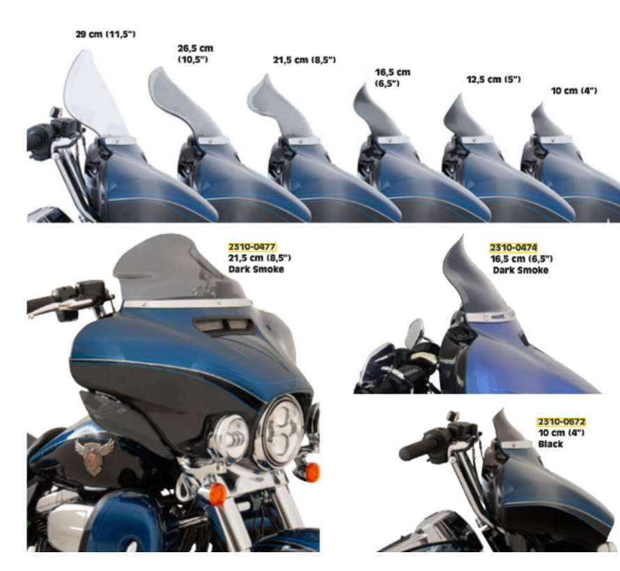 Pare-brise Flare Bagger de différentes tailles - Teinte Compatible avec :> modèles 14‑24 FLHT, FLHX et H‑D Trike