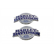 Harley Davidson benzine tank rond met blauwe letters op een chroom en achtergrond