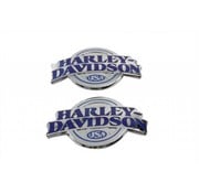 Harley Davidson gas tank round with blue lettering on a Chrome background Fits: > All models