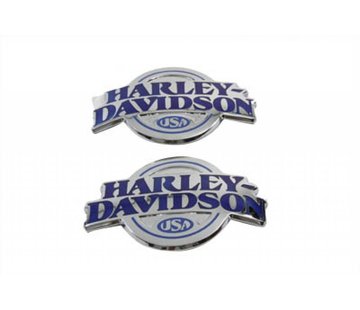 Harley Davidson benzine tank rond met blauwe letters op een chroom en achtergrond