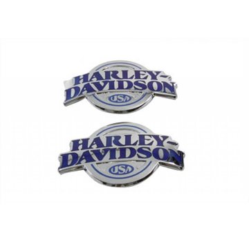 Harley Davidson gas tank round with blue lettering on a Chrome background Fits: > All models