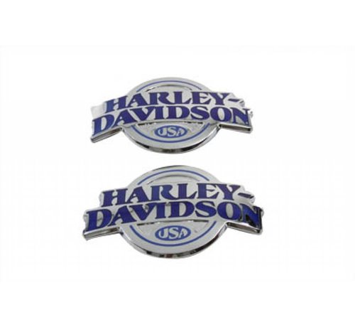 Harley Davidson benzine tank rond met blauwe letters op een chroom en achtergrond