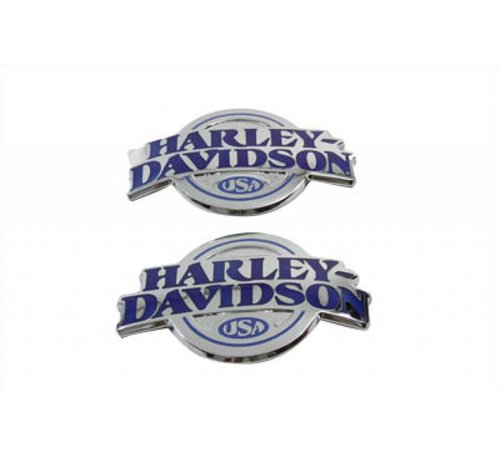 Harley Davidson redondear con letras azules sobre un fondo cromado