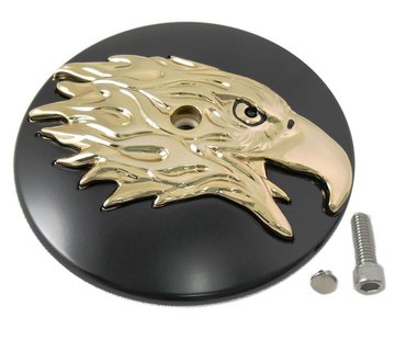 Wyatt Gatling air cleaner Round Eagle Cover Black-Gold  Fits: > 2000-2015 Softail, 1999-2007 Dyna and 1999-2013 Touring