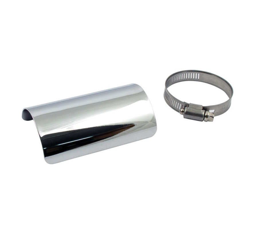 Universal smooth heat shield 4" long black or chrome Fits: > 2-1/4" exhaust pipes