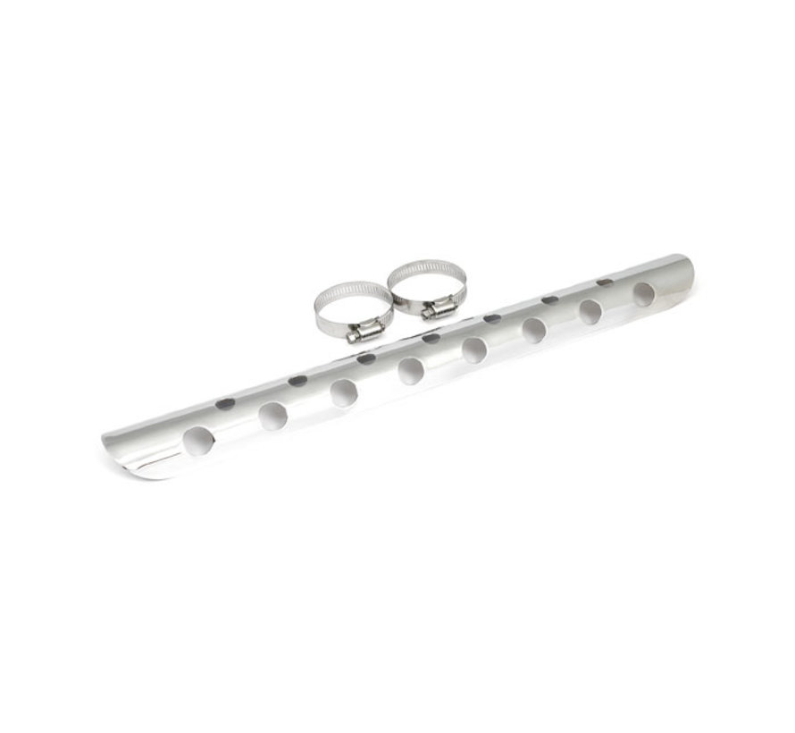 Universal Bullet Hole heat shield 18" long chrome or black Fits: > 1-3/4" exhaust pipes