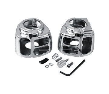 TC-Choppers Switch housing set black or chrome Fits: > 96-10 Softail, 96-11 Dyna; 96-13 FLHR, 96-13 XL, 08-12 XR1200; 02-13 V-Rod