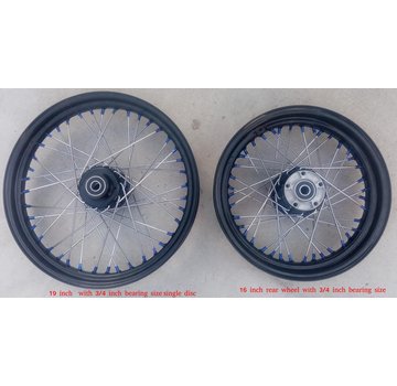 TC-Choppers Wheel set black 3 x 16 inch, 3x19 inch chrome spokes with blue nipples Fits:> 3/4 inch axl