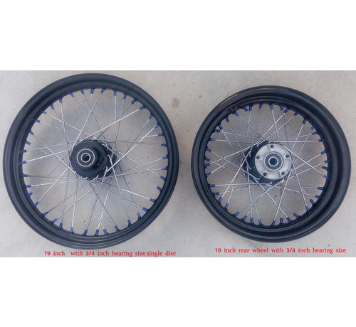 TC-Choppers Wheel set black 3 x 16 inch 3x19 inch chrome spokes with blue nipples Fits:> 3/4 inch axl