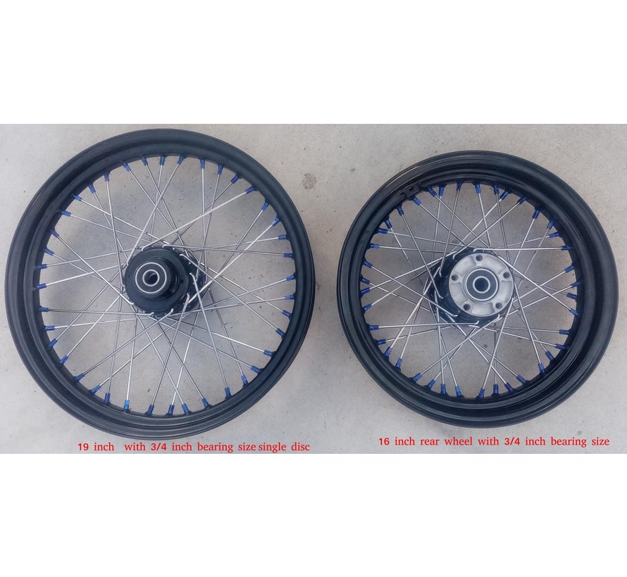 Wheel set black 3 x 16 inch 3x19 inch chrome spokes with blue nipples Fits:> 3/4 inch axl