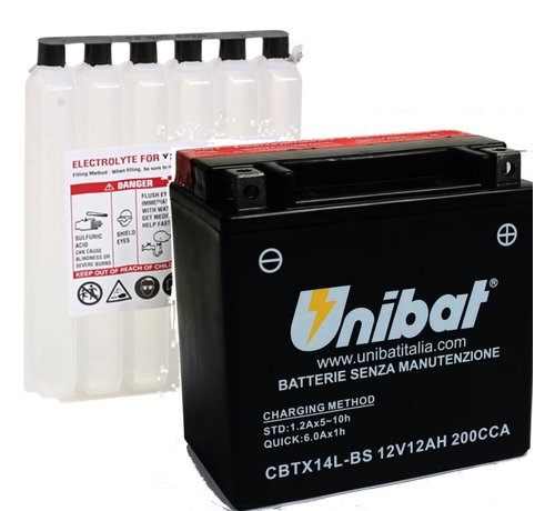 Unibat Batterie sans entretien AGM CBTX14L-BS compatible avec :> XL Sportster 883/1200 2004-2022 XG 500/750 Street