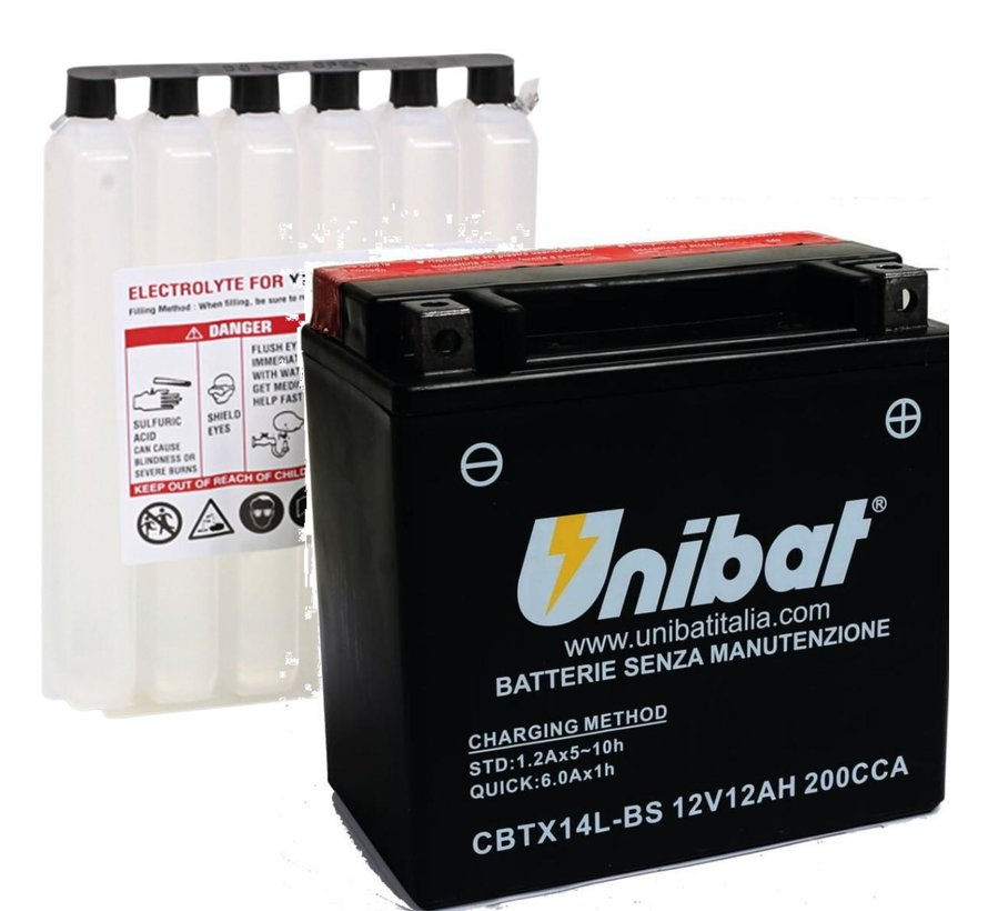 Batería sin mantenimiento AGM CBTX14L-BS compatible con:> XL Sportster 883/1200 2004-2022 XG 500/750 Street