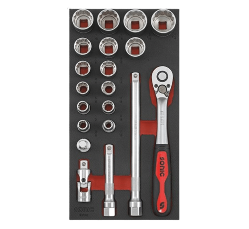 Sonic Tools The 20-Piece US/SAE 1/2 Inch Drive Socket Set is a collection of high-quality tools designed for versatile applications. Its key features include a 1/2 inch drive size and compatibility with both US and SAE measurements. The set offers a wide range of soc