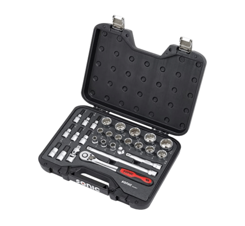Sonic Tools The combination socket set is a 28-piece tool kit that includes US_SAE sizes in 1_2" measurements. Its key features include a variety of socket sizes, durability, and versatility. The set offers benefits such as convenience, efficiency, and compatibility