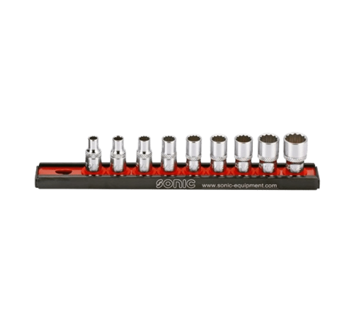 Sonic Tools The socket rail set 1/4 inch 9-piece US_SAE is a product that organizes and stores sockets efficiently. It includes a rail with slots to hold 9 sockets of various sizes. The set is designed specifically for US_SAE measurements. Its key features include a