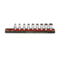 The socket rail set 1/4 inch 9-piece US_SAE is a product that organizes and stores sockets efficiently. It includes a rail with slots to hold 9 sockets of various sizes. The set is designed specifically for US_SAE measurements. Its key features include a