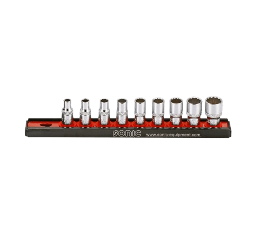 The socket rail set 1/4 inch 9-piece US_SAE is a product that organizes and stores sockets efficiently. It includes a rail with slots to hold 9 sockets of various sizes. The set is designed specifically for US_SAE measurements. Its key features include a