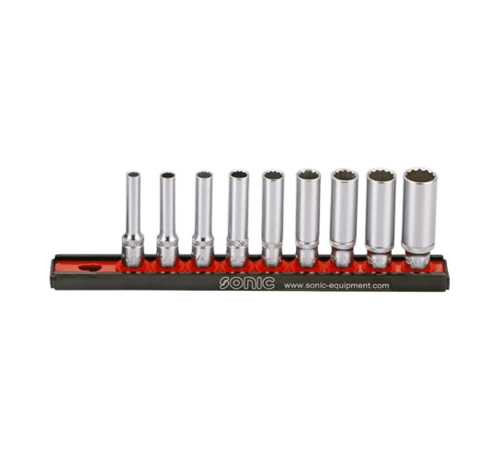 Sonic Tools The deep socket rail set 1/4 inch 9-piece US_SAE is a product that offers a convenient and organized solution for storing and accessing deep sockets. Its key features include a rail system that securely holds the sockets in place, a 1/4 inch drive size, a