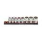 The socket rail set 3/8 inch 8-piece US_SAE is a product that organizes and stores sockets efficiently. It includes a rail with eight slots to securely hold sockets of various sizes. The set is designed specifically for US_SAE measurements, ensuring compa