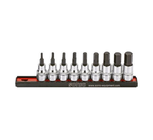 Sonic Tools The hex bit socket rail set is a 9-piece US_SAE tool designed for 3/8 inch sockets. Its key features include a durable rail for easy organization and storage, high-quality hex bit sockets for various applications, and compatibility with US_SAE measurement