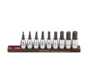 The hex bit socket rail set is a 9-piece US_SAE tool designed for 3/8 inch sockets. Its key features include a durable rail for easy organization and storage, high-quality hex bit sockets for various applications, and compatibility with US_SAE measurement