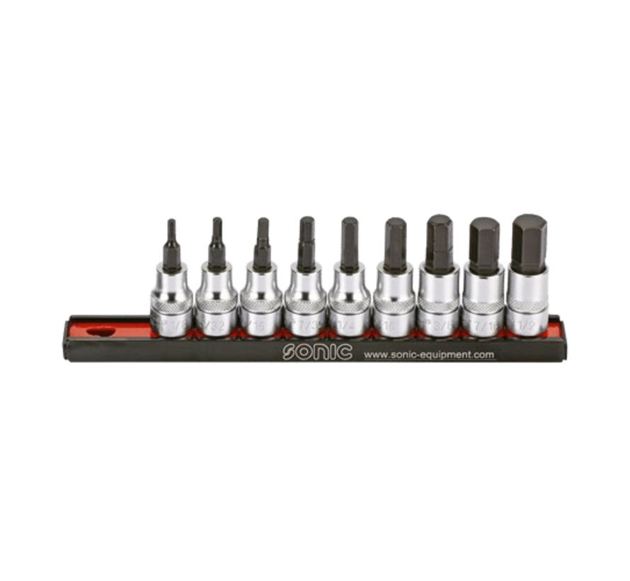 The hex bit socket rail set is a 9-piece US_SAE tool designed for 3/8 inch sockets. Its key features include a durable rail for easy organization and storage, high-quality hex bit sockets for various applications, and compatibility with US_SAE measurement