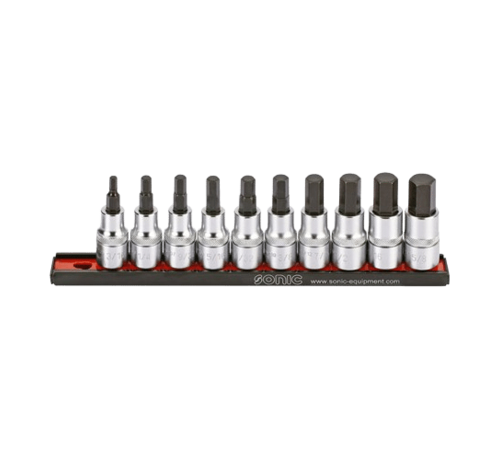Sonic Tools The hex bit socket rail set is a 10-piece US_SAE tool kit designed for 1/2 inch sockets. Its key features include a durable rail for easy organization and storage, a variety of sizes to accommodate different needs, and compatibility with US_SAE measuremen