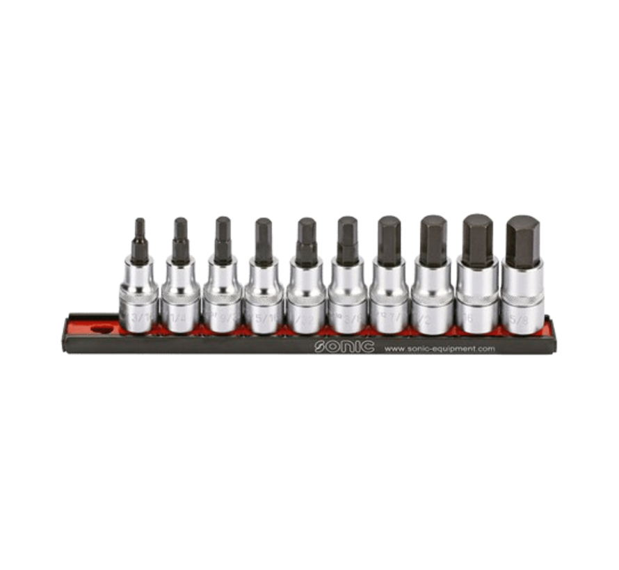 The hex bit socket rail set is a 10-piece US_SAE tool kit designed for 1/2 inch sockets. Its key features include a durable rail for easy organization and storage, a variety of sizes to accommodate different needs, and compatibility with US_SAE measuremen