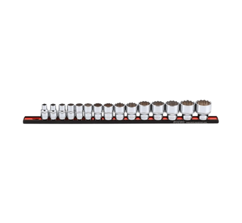 Sonic Tools The socket set 1/2 inch on rail is a 15-piece US_SAE tool that offers a range of key features and benefits. It includes a variety of socket sizes on a convenient rail, making it easy to organize and access the tools. The set is designed for use with 1/2 i